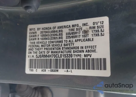 2012 Honda Cr-V Ex-L из США, поврежденный, VIN 5J6RM4H70CL015339